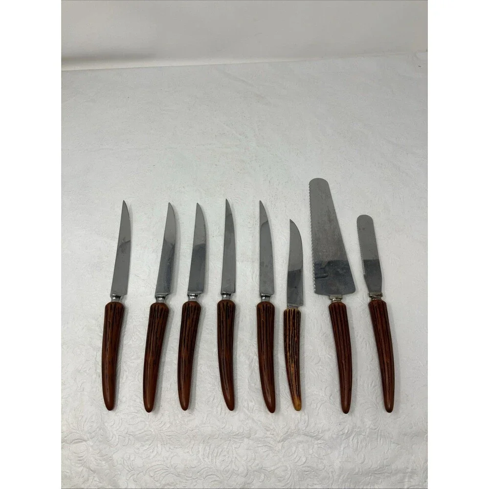 8 Stainless Steel Knives Faux Stag Horn Antler Handles England USA Steak & Cake